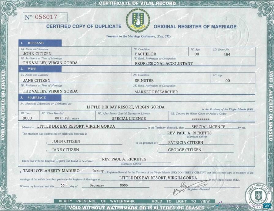 Download United Kingdom Virgin Islands marriage certificate template in PSD format Photoshop template